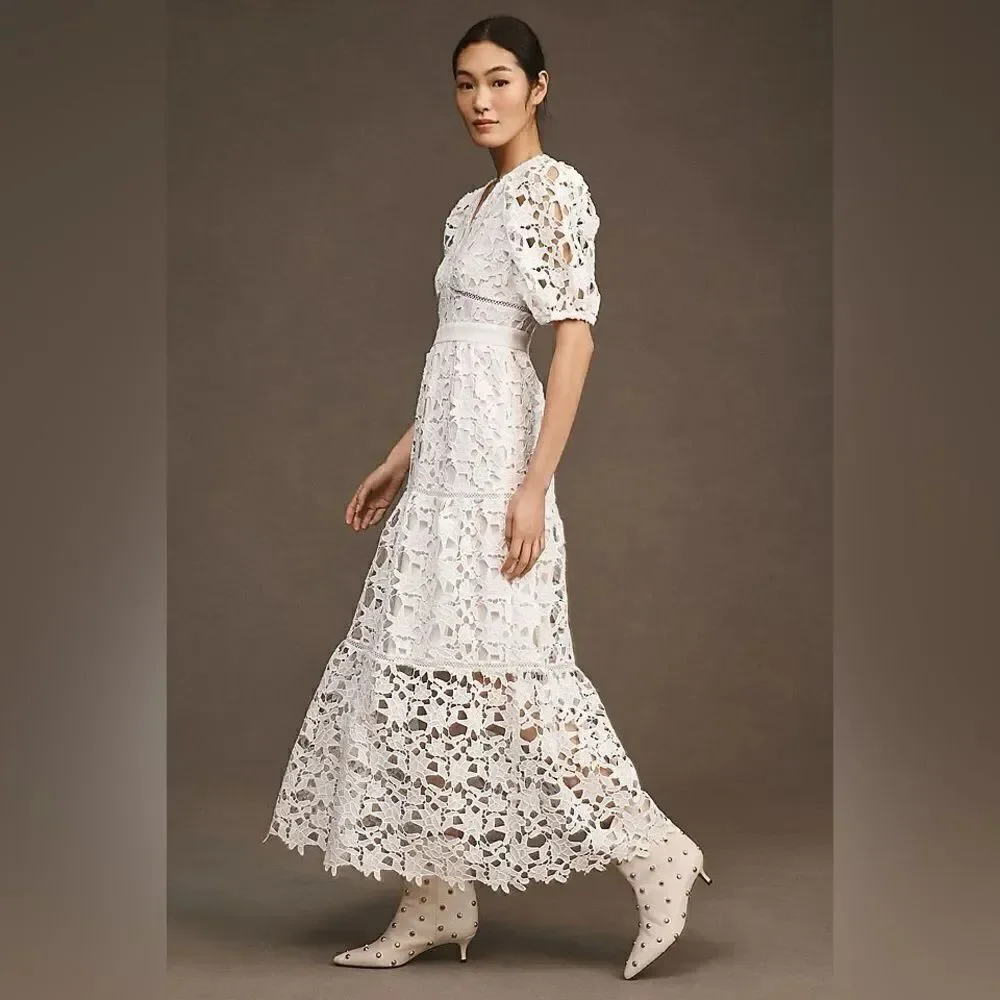 Anthropologie Endless Rose V-Neck Puff-Sleeve Lace Tiered Maxi Dress/ size XS
